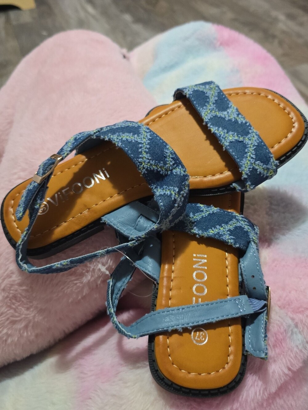 Women's Blue Patterned Double-Strap Sandals